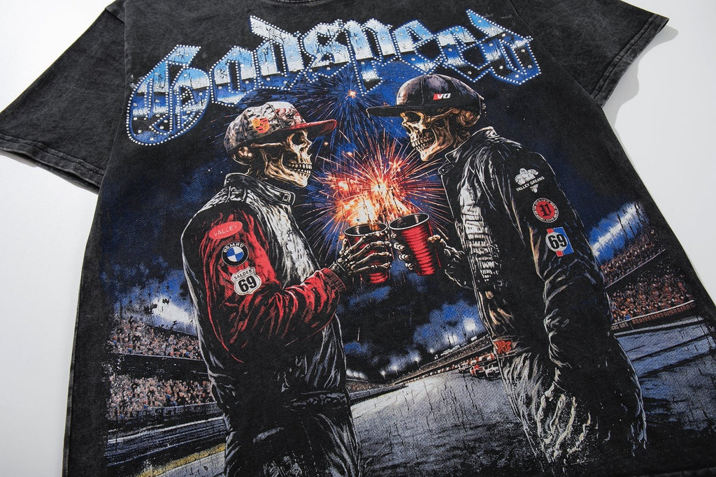 MAJESTIK Racing Graphic Acid-Wash T-Shirt — detail